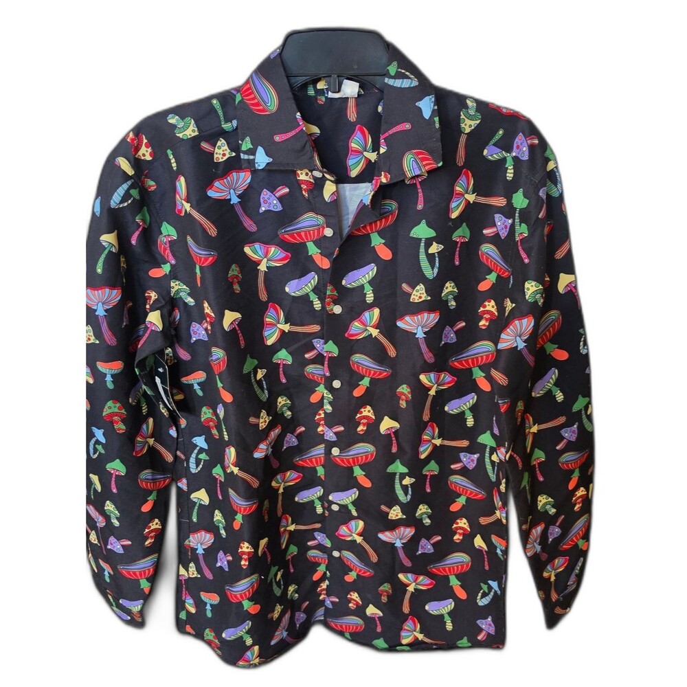 SPIRIT Halloween Psychedelic Mushroom Print Long Sleeve Button Down Shirt M